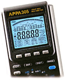 Цифровые мультиметры APPA 300й серии имеют три 5-разрядных цифровых шкалы и 80-ти сегментную аналоговую шкалу, а так же люминесцентную подсветку дисплея.