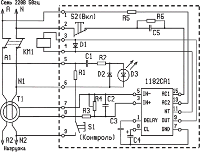 Схема включения ИС К1182СА1 для управления реле постоянного тока на 110 В.