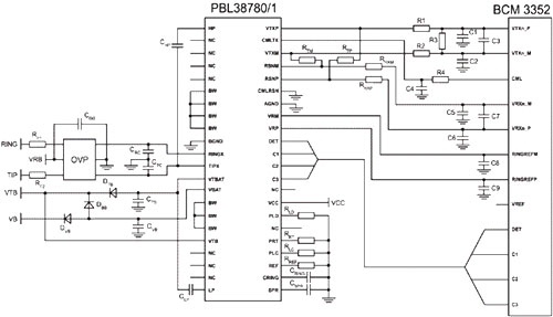 Схема соединения SLIC PBL 387 80/1 и модема BCM 3352.