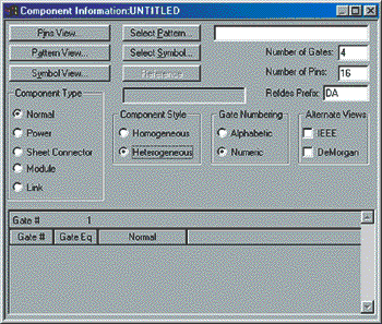 Создание библиотечного компонента в P-CAD 2001 Library Executive. Окно описание компонента.