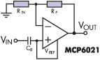 Пример использования встроенного Vref для построения неинвертирующего усилителя на базе MCP6021.