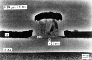 МОП-транзистор с длиной канала 0,18 мкм, выполненный на пл╦нке кремния толщиной 21 нм без наращивания толщины областей истока-стока.
