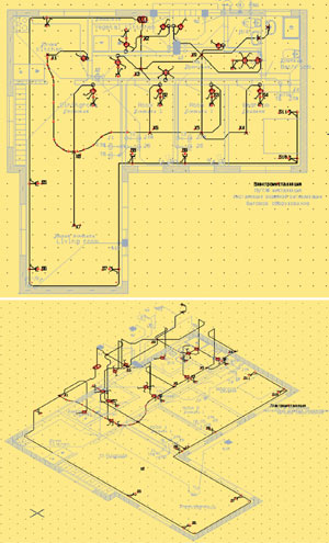 Схема электроинсталляции в плане помещения и е╦ изометрический черт╦ж, сгенерированный программой.