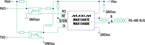Типовая схема включения микросхем MAX13487E, MAX13488E.
