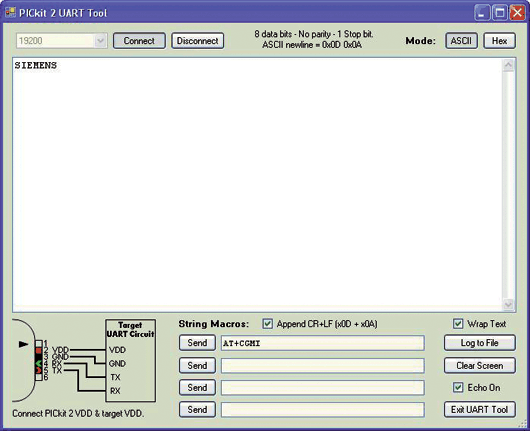Окно «UART Communication Tool» программы «PICkit 2 Programmer»