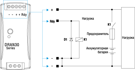 Схема резервного питания нагрузки с помощью модулей DRAN30-xxA UPS, DRAN60-xxA UPS