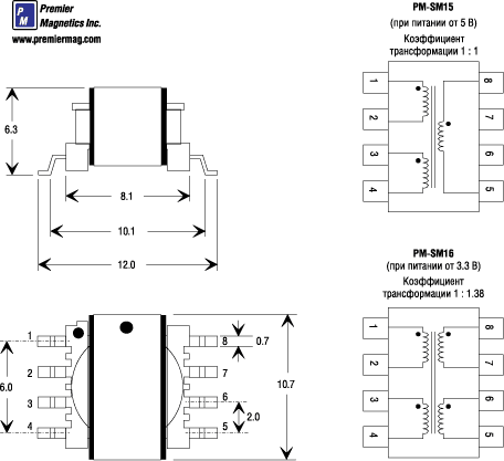 Габаритные размеры и расположение выводов трансформаторов PM-SM15 и PM-SM16