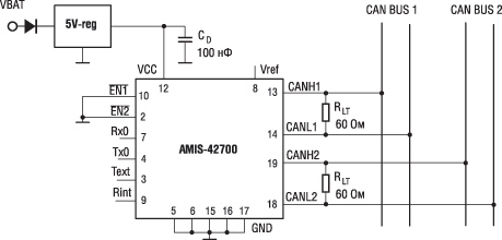 Типовая схема включения AMIS-42700 в качестве повторителя для протяженной сети CAN