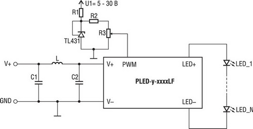 Схема, где ток светодиодов управляется аналоговым напряжением с помощью переменного резистора