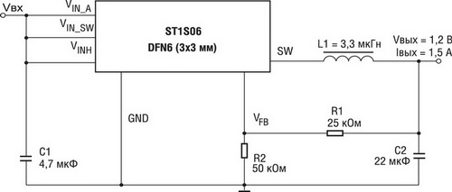 Схема включения ST1S06 (ток до 1,5 А, частота преобразования 1,5 МГц)